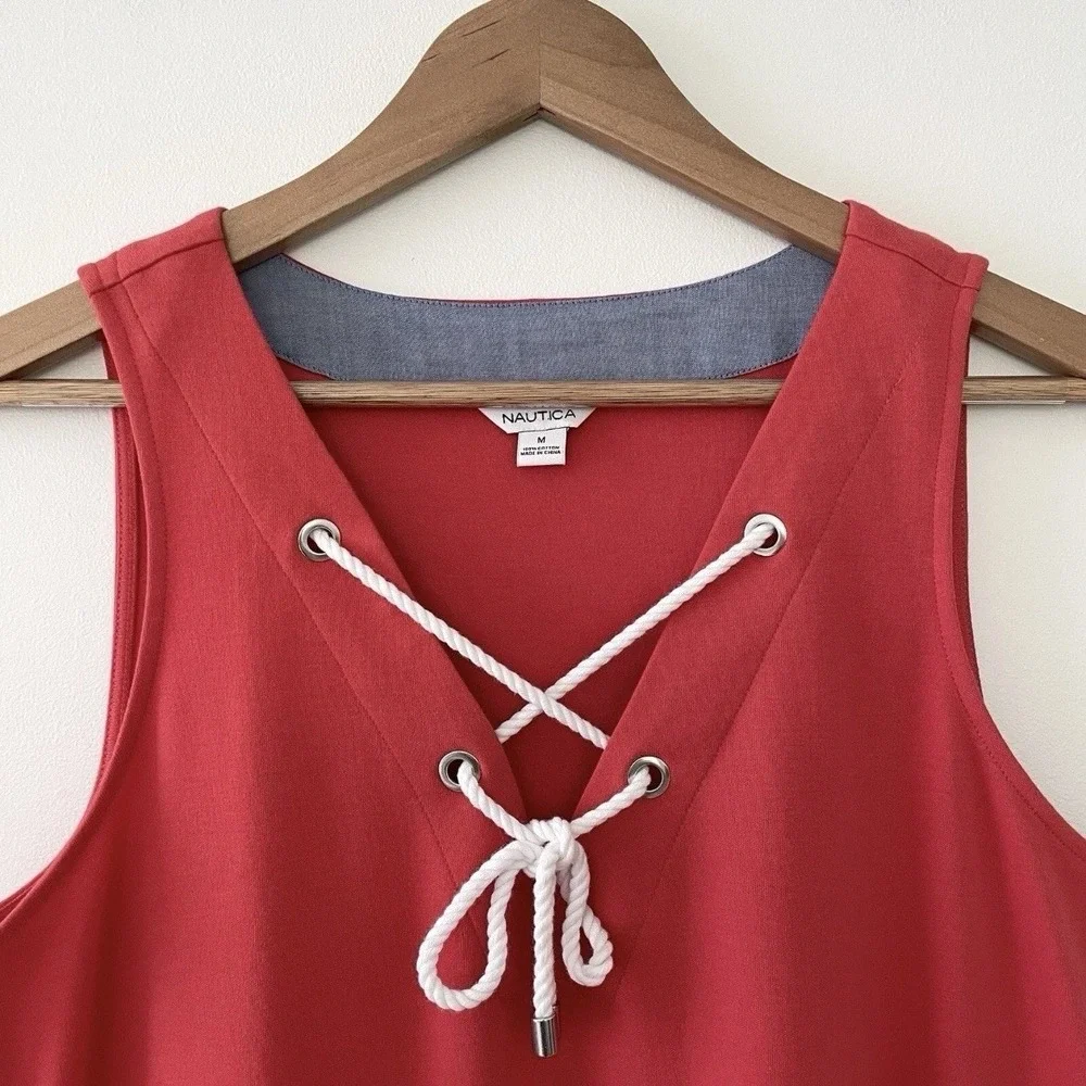 Nautica Women's Size Medium Coral Tie V-Neck 100% Cotton Shift Mini Dress NWOT